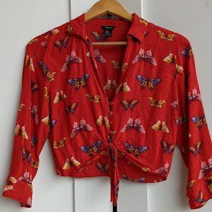 Red Butterfly Long Sleeve Crop Eyelet Button Down Shirt Size M